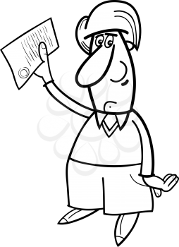 Black and White Cartoon Illustration of Man with Document or Certificate for Coloring Book