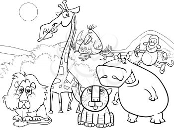 Black and White Cartoon Illustration of Scene with Wild Safari Animals Characters Group for Coloring Book