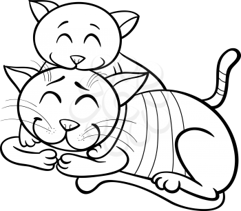 Black and White Cartoon Illustration of Happy Cat Mother with Little Kitten for Coloring Book