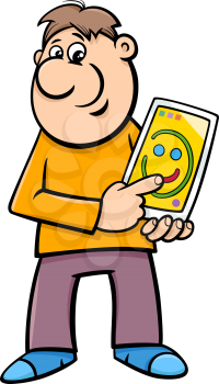 Cartoon Illustration of Man Drawing Smile on Tablet PC