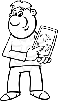 Black and White Cartoon Illustration of Man Drawing Smile on Tablet PC for Coloring Book
