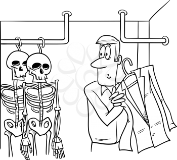 Black and White Cartoon Humor Concept Illustration of Skeletons in the Closet Saying or Proverb