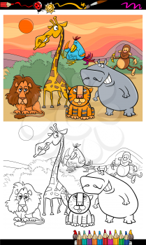 Coloring Book or Page Cartoon Illustration of Black and White Funny Wild Animals
