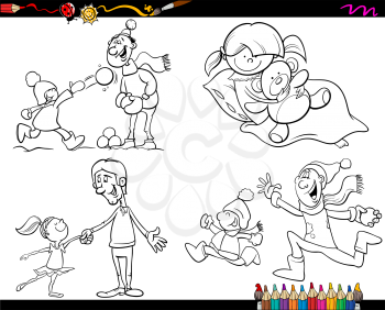 Coloring Book Cartoon Illustration of  Set of Fathers with Children Characters Set