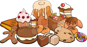Cartoon Illustration of Sweet Food like Cakes and Cookies