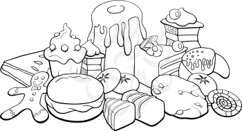 Black and White Cartoon Illustration of Sweet Food like Cakes and Cookies for Coloring Book