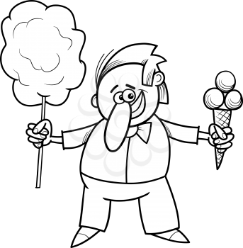 Black and White Cartoon Illustration of Ice Cream and Candy Floss Seller Character for Coloring Book