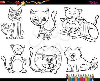 Coloring Book Cartoon Illustration of Funny Cats Characters Set