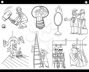 Black and White Illustration Set of Humorous Cartoon Concepts or Ideas and Metaphors with Funny Characters