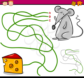 Cartoon Illustration of Education Path or Maze Game for Preschool Children with Mouse and Cheese