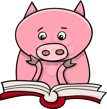Cartoon Illustration of Funny Pig Animal Character Learning and Reading a Book