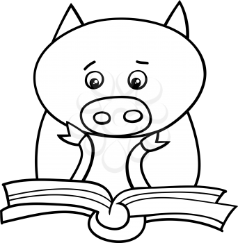 Black and White Cartoon Illustration of Funny Pig Animal Character Learning and Reading a Book for Coloring Book