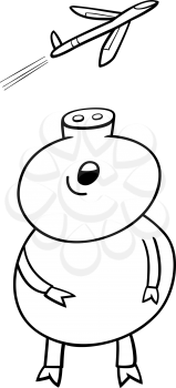 Black and White Cartoon Illustration of Funny Pig Animal Character Looking at the Plane on the Sky for Coloring Book