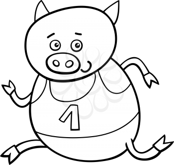 Black and White Cartoon Illustration of Funny Pig Animal Character Running on Physical Education Lesson for Coloring Book