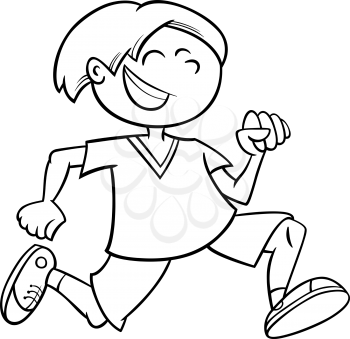 Black and White Cartoon Illustration of Happy Running Little Boy for Coloring Book