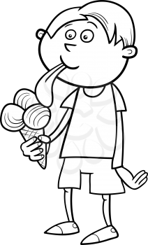 Black and White Cartoon Illustration of Kid Boy Eating Ice Cream for Coloring Book