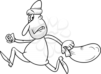 Black and White Cartoon Illustration of Thief Running Away with Sack for Coloring Book