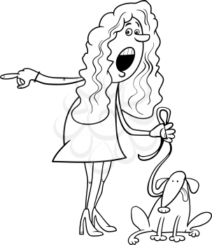 Black and White Cartoon Illustration of Outraged Woman with Dog for Coloring Book