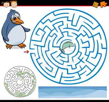 Cartoon Illustration of Education Maze or Labyrinth Game for Preschool Children with Funny Penguin and Fish