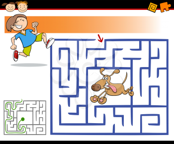 Cartoon Illustration of Education Maze or Labyrinth Game for Preschool Children with Cute Boy and Dog