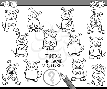 Black and White Cartoon Illustration of Finding the Same Pictures Educational Game for Preschool Children