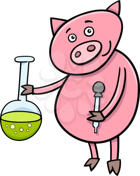 Cartoon Illustration of Funny Pig Animal Character on Chemistry Lesson with Vial
