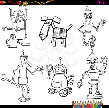 Coloring Book Cartoon Illustration of Funny Fantasy Robots Characters Set