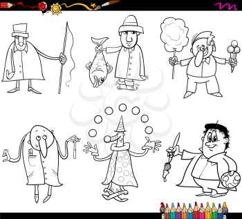 Coloring Book Cartoon Illustration of Funny Professional People Occupations Characters Set