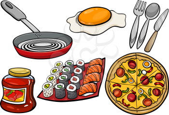 Cartoon Illustration of Kitchen and Food Objects Clip Arts Set