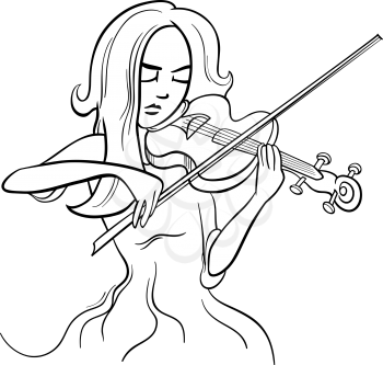 Black and White Cartoon Illustration of Violinist Woman or Beautiful Girl Playing the Violin Instrument