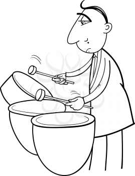 Black and White Cartoon Illustration of Musician Playing the Drums Percussion Instrument for Coloring Book