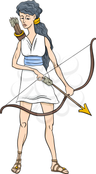 Cartoon Illustration of Mythological Greek Goddess Artemis