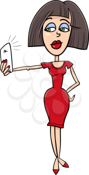 Cartoon Illustration of Girl in Red Dress Doing Selfie Photo by Smart Phone for Social Media