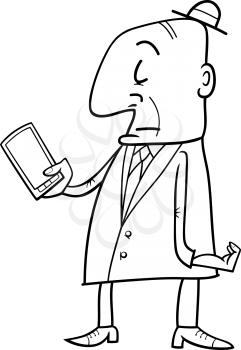 Black and White Cartoon Illustration of Elder Man with Smart Phone for Coloring Book