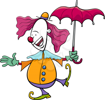 Cartoon Illustration of Funny Clown Circus Performer with Umbrella
