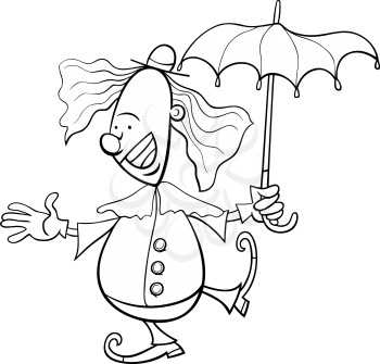 Black and White Cartoon Illustration of Funny Clown Circus Performer with Umbrella for Coloring Book