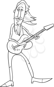 Black and White Cartoon Illustration of Old Rock Man Musician with Electric Guitar