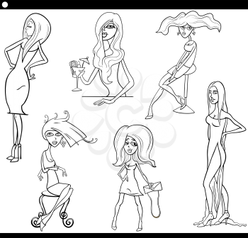 Black and White Cartoon Illustration Set of Beautiful Young Women Characters