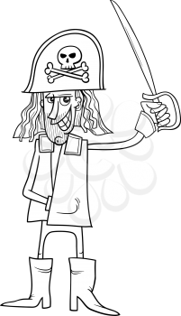 Black and White Cartoon Illustration of Funny Pirate Captain with Sword and Jolly Roger Sign for Coloring Book