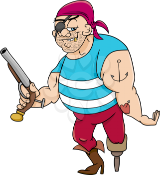 Cartoon Illustration of Funny Pirate Officer with Peg Leg and Gun