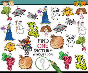 Cartoon Illustration of Finding Single Picture without a Pair Educational Game for Preschool Children