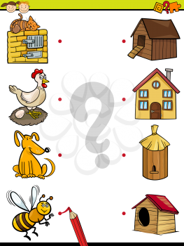 Cartoon Illustration of Education Element Matching Game for Preschool Children with Animals