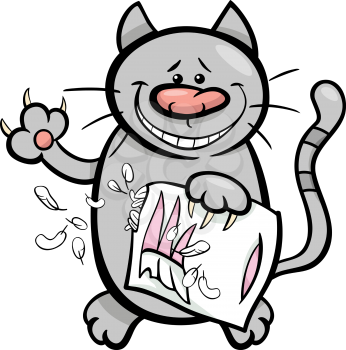 Cartoon Illustration of Cat or Kitten Scratching a Pillow with his Claws