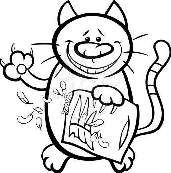 Black and White Cartoon Illustration of Cat or Kitten Scratching a Pillow with his Claws for Coloring Book