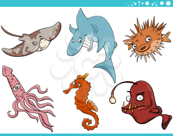 Cartoon Illustration of Funny Sea Life Animals Set
