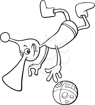 Black and White Cartoon Illustration of Funny Alien or Martian Character in Space for Coloring Book