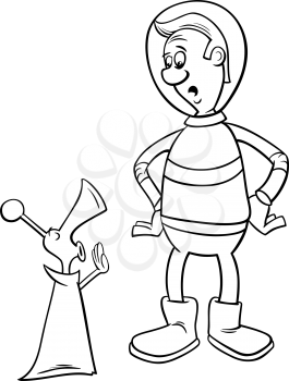 Black and White Cartoon Illustration of Spaceman or Astronaut with Alien Minister for Coloring Book