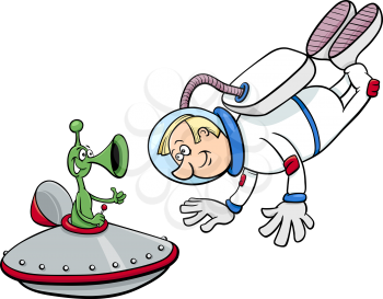 Cartoon Illustration of Spaceman or Astronaut with Alien in Space