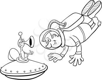 Black and White Cartoon Illustration of Spaceman or Astronaut with Alien in Space for Coloring Book