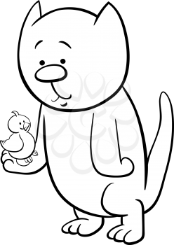 Black and White Cartoon Illustration of Cat or Kitten with Canary for Coloring Book